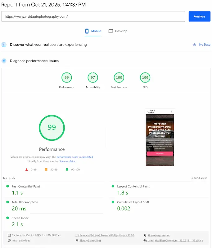 Website performance after secure cloud migration showing excellent Lighthouse scores